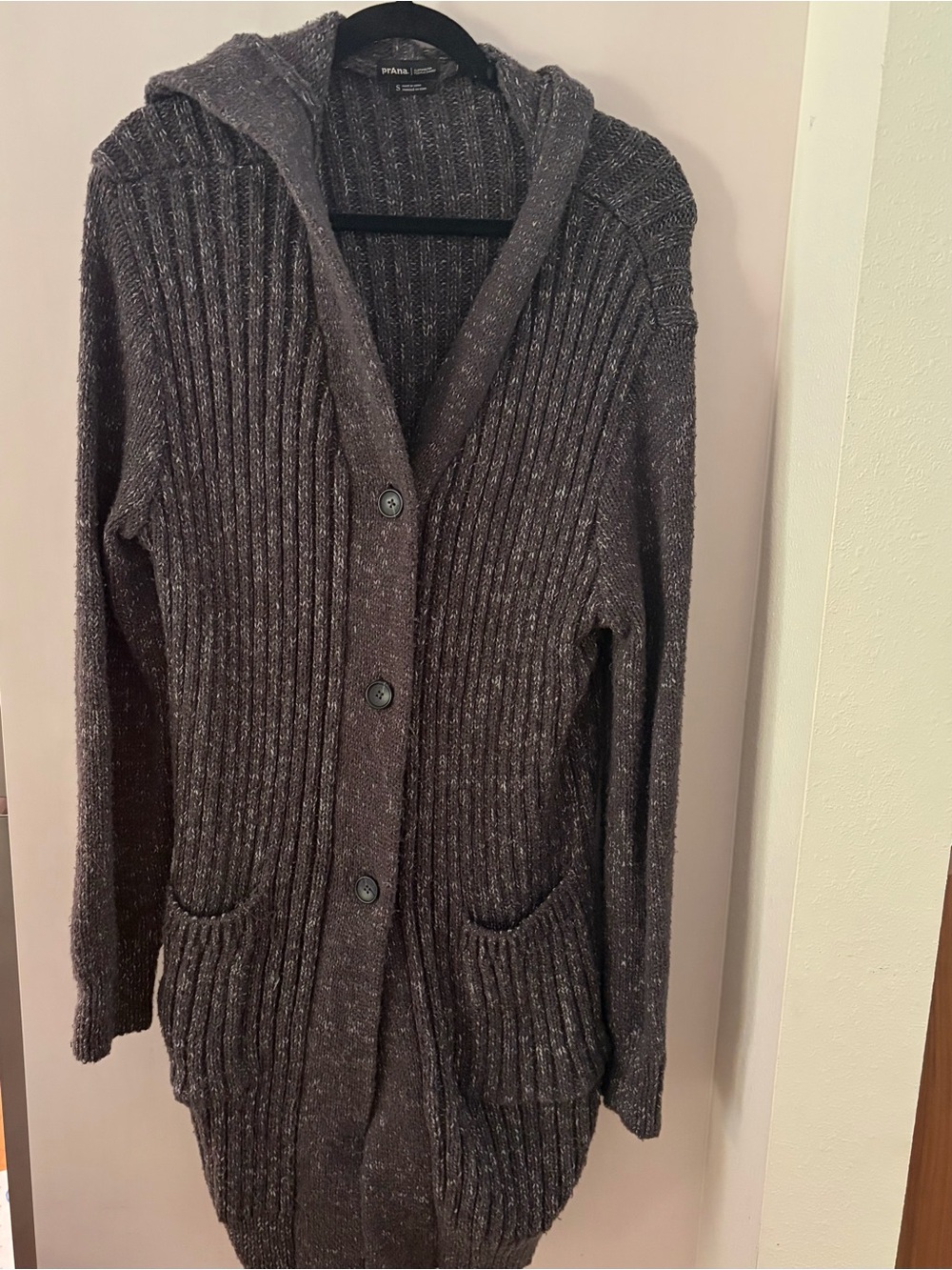Prana Charcoal Gray Hooded Ribbed Button-Front Cardigan
